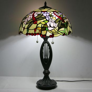 LongHuiJing Tiffany Style Table Lamp Stained Glass Lampshade Dragonfly Bedside Lamp Rose Decorated Lamp 16Inch