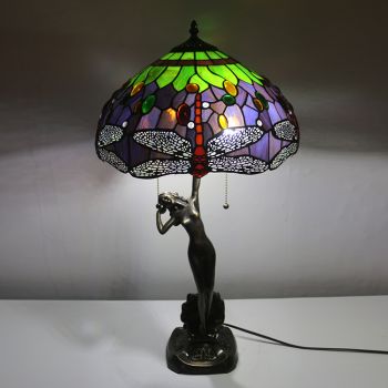 LongHuiJing 16Inch Tiffany Lamp Table Lamp Red Dragonfly Stained Glass Luxurious Banker Memory Lamp Antique Copper Base