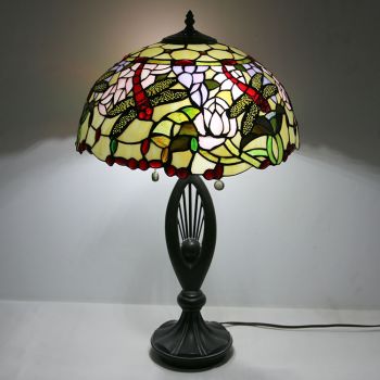 LongHuiJing Tiffany Style Table Lamp Stained Glass Lampshade Dragonfly Bedside Lamp Rose Decorated Lamp 16Inch