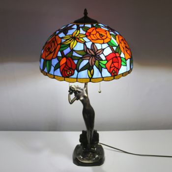 LongHuiJing 16Inch Tiffany Lamp Table Lamp Unique Flower Stained Glass Luxurious Banker Memory Lamp Antique Copper Base