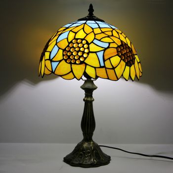 LongHuiJing 12Inch Tiffany Lamp Stained Glass Bedside Table Lamp Sunflower Yellow Style Reading Desk Light 18" Tall