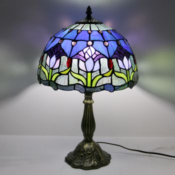 LongHuiJing 12Inch Tiffany Lamp Stained Glass Bedside Table Lamp Antique Tulip Style Reading Desk Light 18" Tall