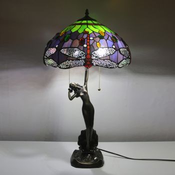 LongHuiJing 16Inch Tiffany Lamp Table Lamp Red Dragonfly Stained Glass Luxurious Banker Memory Lamp Antique Copper Base