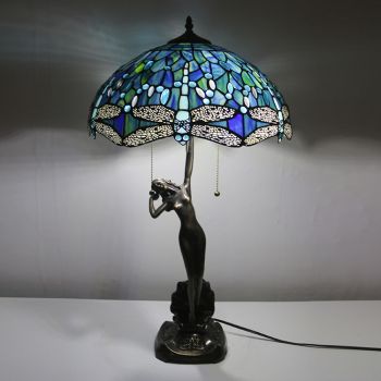 LongHuiJing 16Inch Tiffany Lamp Table Lamp Sea Blue Stained Glass Luxurious Banker Memory Lamp Antique Copper Base