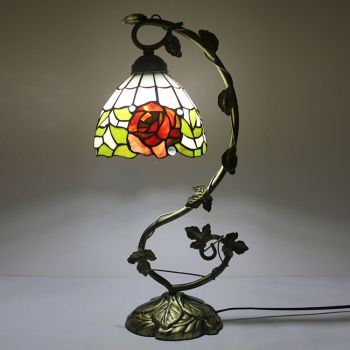 LongHuiJing 8Inch Tiffany Style Table Lamp Red Rose Flora Stained Glass Antique 20.5”H Metal Base Decor Lights