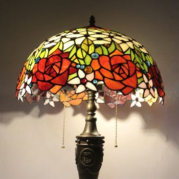 LongHuiJing 16Inch Retro Tiffany Table Lamp Stained Glass Love Roses Lampshade Lights Handmade Glass Desk Lamps