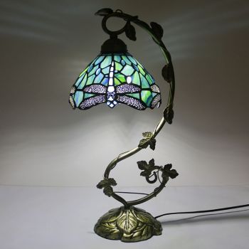 LongHuiJing 8Inch Tiffany Style Table Lamp Dragonfly Green Blue Stained Glass Antique 20.5”H Metal Base Decor Lights
