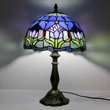 LongHuiJing 12Inch Tiffany Lamp Stained Glass Bedside Table Lamp Antique Tulip Style Reading Desk Light 18" Tall