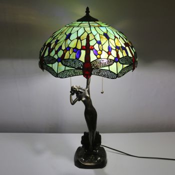 LongHuiJing 16Inch Tiffany Lamp Table Lamp Antique Green Stained Glass Luxurious Banker Memory Lamp Unique Copper Base