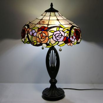 LongHuiJing Tiffany Style Table Lamp Stained Glass Rose Lampshade Bedside Lamp Rose Decorated Lamp 16Inch