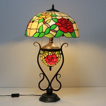 LongHuiJing 16Inch 3Bulbs Tiffany Style Stained Glass Table Lamp With Double Lit Bedroom Bedside Art Lighting