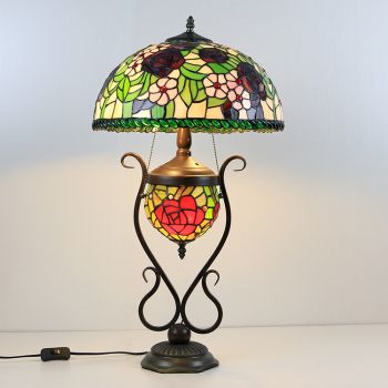 LongHuiJing Tiffany Style Table Lamp Banker Stained Glass Rose Floral With Double Lit Bedroom Bedside Art Lighting