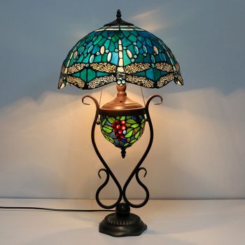 LongHuiJing 16Inch Blue Dragonfly Tiffany Style Stained Glass Table Lamp With Double Lit Bedroom Bedside Art Lighting