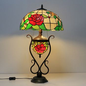 LongHuiJing 16Inch 3Bulbs Tiffany Style Stained Glass Table Lamp With Double Lit Bedroom Bedside Art Lighting