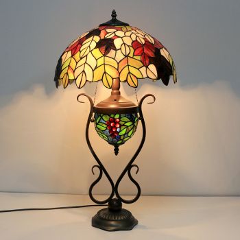 LongHuiJing 16-Inches Vintage Leaf Tiffany Style Stained Glass Table Lamp With Double Lit Bedroom Bedside Art Lighting
