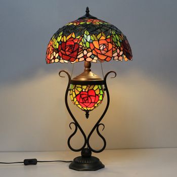 LongHuiJing Tiffany Table Lamp Stained Glass Bedside Lamp Red Rose 16Inches Desk Reading Light