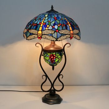 LongHuiJing 16Inch Yellow Dragonfly Tiffany Style Stained Glass Table Lamp With Double Lit Bedroom Bedside Art Lighting