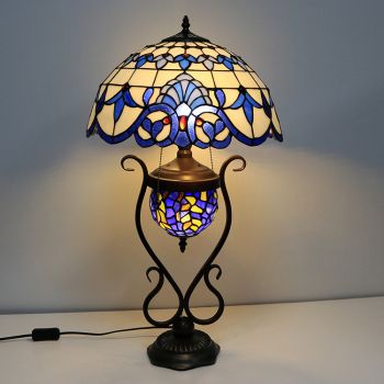 LongHuiJing 16Inch Blue Baroque Tiffany Style Stained Glass Table Lamp With Double Lit Bedroom Bedside Art Lighting
