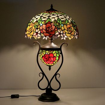 LongHuiJing 16Inch Tiffany Table Lamp Stained Glass Bedside Lamp Red With Double Lit Bedroom Bedside Art Lighting