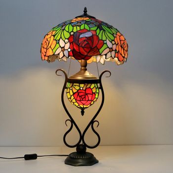 LongHuiJing 16-Inches Unique Rose Tiffany Style Stained Glass Table Lamp With Double Lit Bedroom Bedside Art Lighting