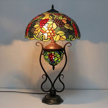 LongHuiJing 16-Inches Vintage Grape Tiffany Style Stained Glass Table Lamp With Double Lit Bedroom Bedside Art Lighting