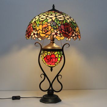 LongHuiJing 16Inch Tiffany Table Lamp Stained Glass Bedside Lamp Red With Double Lit Bedroom Bedside Art Lighting