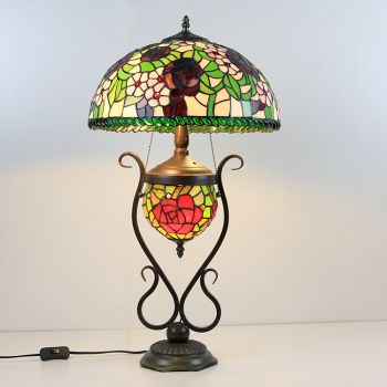 LongHuiJing Tiffany Style Table Lamp Banker Stained Glass Rose Floral With Double Lit Bedroom Bedside Art Lighting