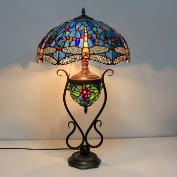 LongHuiJing 16Inch Yellow Dragonfly Tiffany Style Stained Glass Table Lamp With Double Lit Bedroom Bedside Art Lighting