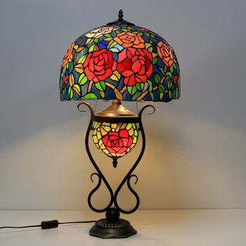 LongHuiJing 16-Inches Vintage Rose Tiffany Style Stained Glass Table Lamp With Double Lit Bedroom Bedside Art Lighting