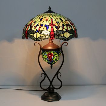 LongHuiJing 16Inch Vintage Dragonfly Tiffany Style Stained Glass Table Lamp With Double Lit Bedroom Bedside Art Lighting
