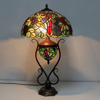 LongHuiJing 16-Inches Vintage Grape Tiffany Style Stained Glass Table Lamp With Double Lit Bedroom Bedside Art Lighting