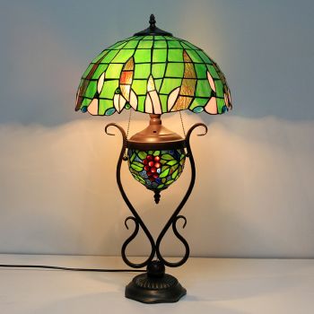 LongHuiJing 16-Inches Vintage Green Tiffany Style Stained Glass Table Lamp With Double Lit Bedroom Bedside Art Lighting