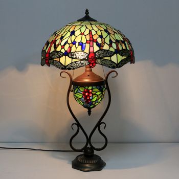 LongHuiJing 16Inch Vintage Dragonfly Tiffany Style Stained Glass Table Lamp With Double Lit Bedroom Bedside Art Lighting
