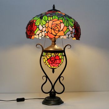 LongHuiJing 16-Inches Unique Rose Tiffany Style Stained Glass Table Lamp With Double Lit Bedroom Bedside Art Lighting