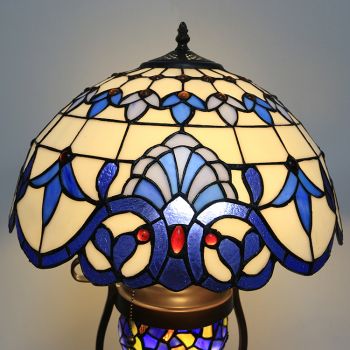 LongHuiJing 16Inch Blue Baroque Tiffany Style Stained Glass Table Lamp With Double Lit Bedroom Bedside Art Lighting