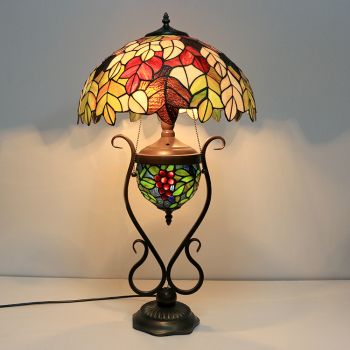 LongHuiJing 16-Inches Vintage Leaf Tiffany Style Stained Glass Table Lamp With Double Lit Bedroom Bedside Art Lighting