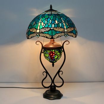 LongHuiJing 16Inch Blue Dragonfly Tiffany Style Stained Glass Table Lamp With Double Lit Bedroom Bedside Art Lighting