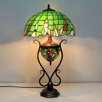 LongHuiJing 16-Inches Vintage Green Tiffany Style Stained Glass Table Lamp With Double Lit Bedroom Bedside Art Lighting
