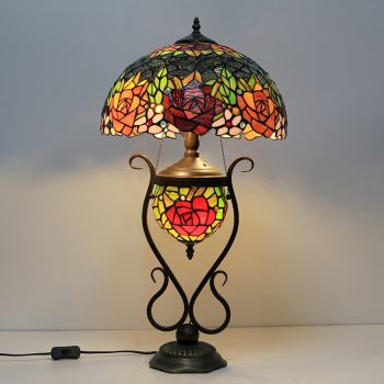 LongHuiJing Tiffany Table Lamp Stained Glass Bedside Lamp Red Rose 16Inches Desk Reading Light