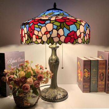 LongHuiJing 16Inch Stained Glass Lampshade Desk Lamps Flower Lamp Tiffany Style Table Light