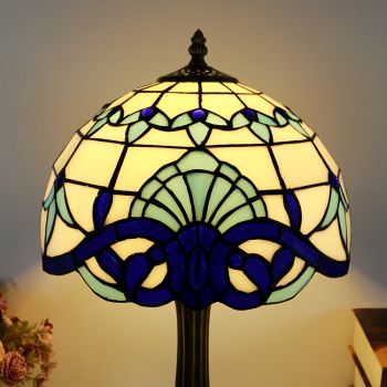 LongHuiJing Tiffany Style Table Lamp 12inch Blue Baroque Stained Glass Lampshade Desk Light Creative Art Home Decor