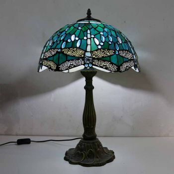LongHuiJing Dragonfly Stained Glass Table Lamp Tiffany Style Desk Light With 16Inch Wide Lampshade and Zinc Alloy Base