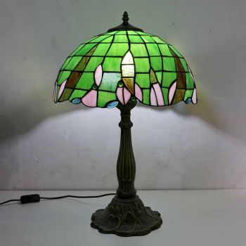 LongHuiJing Green Stained Glass Table Lamp Tiffany Style Desk Light With 16Inch Wide Lampshade and Zinc Alloy Base
