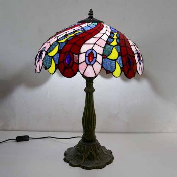 LongHuiJing Peacock Stained Glass Table Lamp Tiffany Style Desk Light With 16Inch Wide Lampshade and Zinc Alloy Base