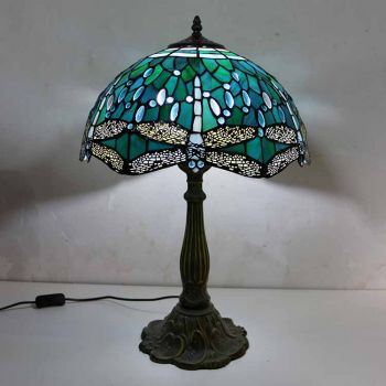 LongHuiJing Dragonfly Stained Glass Table Lamp Tiffany Style Desk Light With 16Inch Wide Lampshade and Zinc Alloy Base