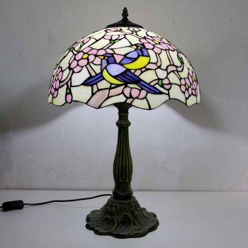 LongHuiJing Magpies Stained Glass Table Lamp Tiffany Style Desk Light With 16Inch Wide Lampshade and Zinc Alloy Base