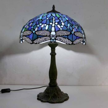 LongHuiJing Dragonfly Stained Glass Table Lamp Tiffany Style Desk Light With 16Inch Wide Lampshade and Zinc Alloy Base
