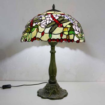 LongHuiJing Dragonflies Stained Glass Table Lamp Tiffany Style Desk Light With 16Inch Wide Lampshade and Zinc Alloy Base