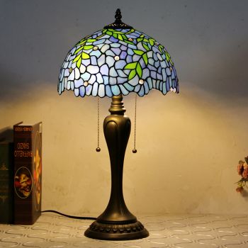 LongHuiJing 12Inch Tiffany Style Desk Lamp Wisteria Stained Glass Table Lamps Creative Bedroom Bedside Desk Light