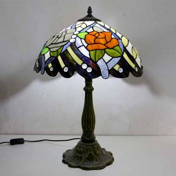 LongHuiJing Rustic Rose Stained Glass Table Lamp Tiffany Style Desk Light With 16Inch Wide Lampshade and Zinc Alloy Base